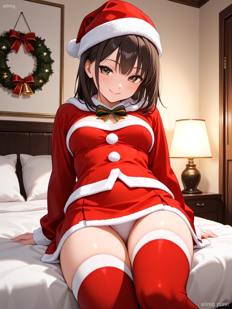 メリークリスマス 部屋でサンタ服の女の子：1