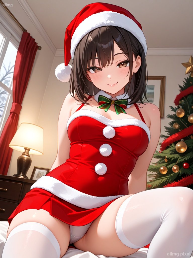 メリークリスマス 部屋でサンタ服の女の子：1